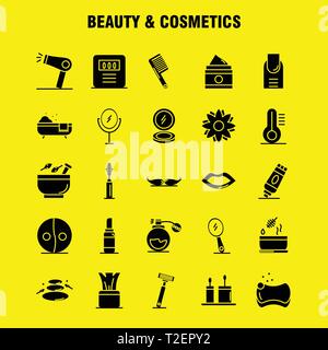 Beauty und Kosmetik solide Glyphe Icons Set für Infografiken, Mobile UX/UI-Kit und Print Design. Gehören: Beauty, Kosmetik, Lippenstift, Kosmetik, Mörtel, Stock Vektor