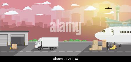 Modern Creative Lieferung und Versand Logistik Service im Geschäft und Fracht cargo Konzept Abbildung. Flach und hoch detaillierte Vektor. Stock Vektor