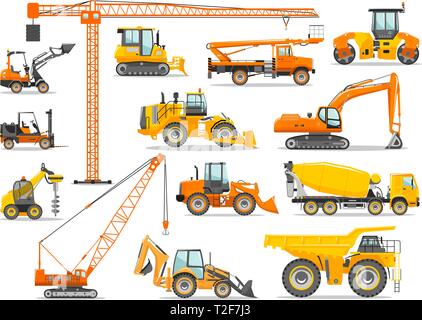 Detaillierte schweren Bau- und Bergbaumaschinen im flachen Stil auf den weißen Hintergrund. Baumaschinen. Spezielle Ausrüstung. Vektor Stock Vektor
