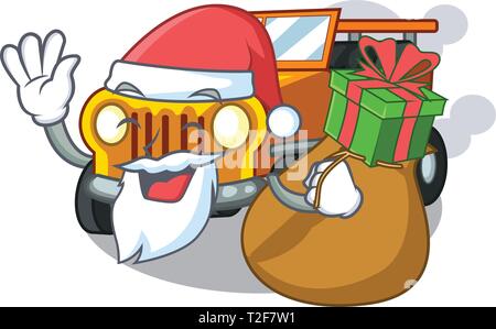 Weihnachtsmann mit Geschenk jeep cartoon Auto vor milde Vector Illustration Stock Vektor