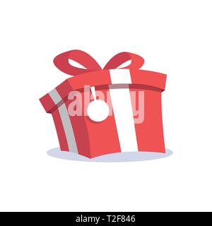 Roter Geschenkbox und Label cartoon Symbol flache Bauform. Stock Vektor