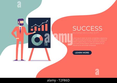Geschäftsmann präsentiert einen Bericht mit Infografiken über die Office Flipchart Banner. Stock Vektor