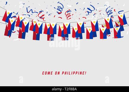 Philippinen Girlande Fahne mit Konfetti auf grauem Hintergrund, hängen Bunting für Vorlage Philippinen feier Banner. Stock Vektor
