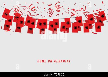 Albanien Fahne mit Girlande Konfetti auf grauem Hintergrund, hängen Bunting für Albanien feier Vorlage Banner. Stock Vektor