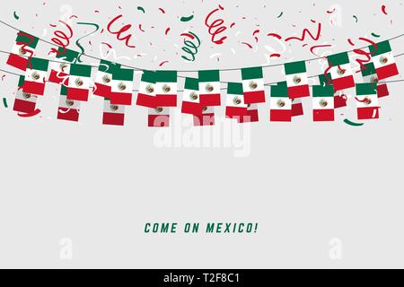 Mexiko Girlande Fahne mit Konfetti auf grauem Hintergrund, hängen Bunting für Mexiko feier Vorlage Banner. Stock Vektor