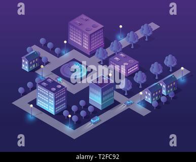 Isometrische Stadt von violetten Farben 3d Gebäude moderne Stadt Straße, städtische Straße Architektur. Uv-Abbildung: Karte von Isometrie für das Geschäft Stock Vektor