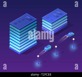 Isometrische uv-Stadt violette Farben 3D-Gebäude und Autos auf der Straße, der städtischen Straße Architektur. Vector Illustration Karte von Isometrie für den b Stock Vektor