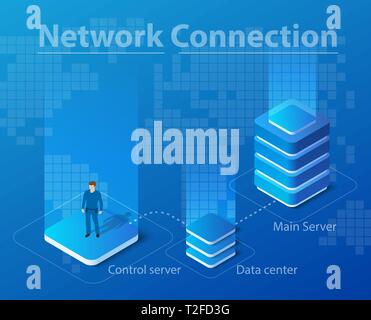 Isometrische Darstellung der Netzwerktechnologie von Geschäftsstrategie digitaler Informationen. Stellen Sie Computer Anwendung Daten der Marketing Kommunikation conce Stock Vektor
