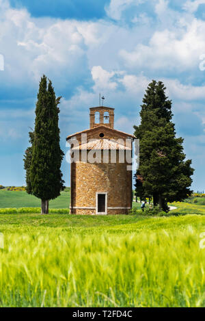 Vitaleta Kapelle im Frühling, San Quirico d'Orcia, Toskana, Italien, Europa. Stockfoto