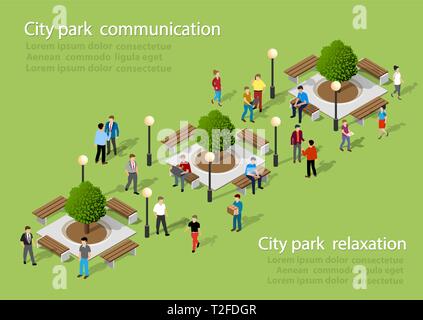 Isometrische Menschen lifestyle Kommunikation in einem städtischen Umfeld in einem Park mit Bänken und Bäumen Stock Vektor