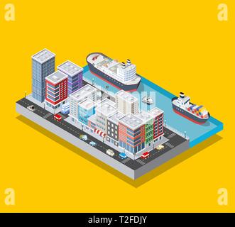 Isometrische Stadt Block und Flußufer Bahndamm mit Gebäuden von Häusern, Straßen und Bäume. Vector lieferbar Abbildung. Stock Vektor