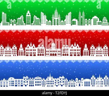 Weihnachten banner Stadt Landschaft Silhouetten von Gebäude und Häuser vor dem Hintergrund eines festlichen Himmel mit Schneeflocken Stock Vektor