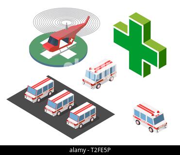 Ambulance Hubschrauber und Auto von isometrischen medizinische Erste Hilfe Fahrzeuge Stock Vektor