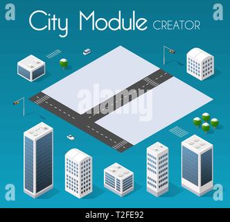 Isometrische set-Modul Stadt mit Wolkenkratzer aus städtischen Gebäude vektor Architektur. Modernes weißes Illustration für Spiel und Business Form backgr Stock Vektor