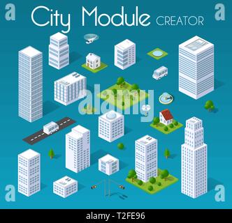 Isometrische set-Modul Stadt mit Wolkenkratzer aus städtischen Gebäude vektor Architektur. Modernes weißes Illustration für Spiel und Business Form backgr Stock Vektor