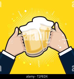 Die Unternehmer halten Bierkrüge. Biergläser Schaum klirren, Freunde treffen. Stock Vektor