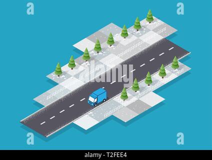 Isometrische Jahreszeiten Stadt mit Häusern und Straßen mit Bäumen, Tanne und Sträuchern. Winter Zeit des Jahres. Konzeptionelle Vector Illustration. Stock Vektor