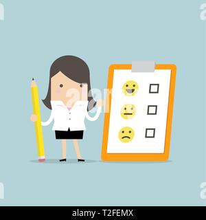 Geschäftsfrau mit Bleistift und Papier der Checkliste der Zwischenablage. Kunden Bewertung. Feedback Emoticons. Stock Vektor