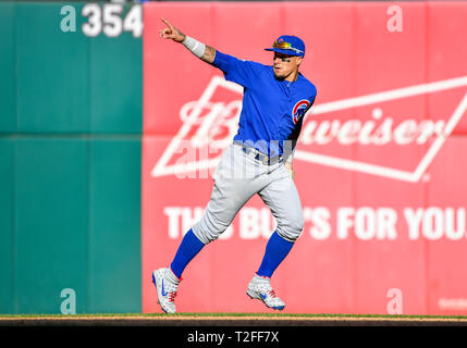 Mar 31, 2019: Chicago Cubs shortstop Javier Baez #9 Während eine MLB Spiel zwischen den Chicago Cubs und der Texas Rangers bei Globe Life Park in Arlington, TX Texas besiegt Chicago 11-10 Albert Pena/CSM. Stockfoto