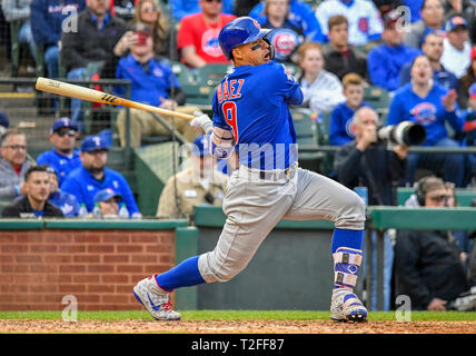 Mar 31, 2019: Chicago Cubs shortstop Javier Baez #9 At Bat während ein MLB Spiel zwischen den Chicago Cubs und der Texas Rangers bei Globe Life Park in Arlington, TX Texas besiegt Chicago 11-10 Albert Pena/CSM. Stockfoto