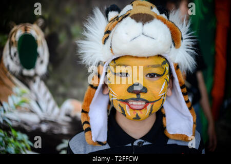 Peking, Malaysia. 17 Mär, 2019. Ein Junge mit einer Gesichtsbehandlung Gemälde von Tiger stellt für Foto während des Speichern Unsere malaiische Tiger Kampagne, im Rahmen von Veranstaltungen der Internationalen World Wildlife Tag, in Kuala Lumpur, Malaysia, 17. März 2019 zu markieren. Credit: Chong Voon Chung/Xinhua/Alamy leben Nachrichten Stockfoto