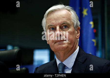 Brüssel, Belgien. 2. April 2019. Europäische Union Chief Brexit Verhandlungsführer Michel Barnier wendet das Europäische Parlament Ausschuss für Auswärtige Angelegenheiten. Alexandros Michailidis/Alamy leben Nachrichten Stockfoto