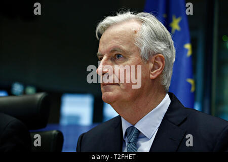 Brüssel, Belgien. 2. April 2019. Europäische Union Chief Brexit Verhandlungsführer Michel Barnier wendet das Europäische Parlament Ausschuss für Auswärtige Angelegenheiten. Alexandros Michailidis/Alamy leben Nachrichten Stockfoto