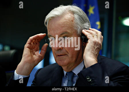 Brüssel, Belgien. 2. April 2019. Europäische Union Chief Brexit Verhandlungsführer Michel Barnier wendet das Europäische Parlament Ausschuss für Auswärtige Angelegenheiten. Alexandros Michailidis/Alamy leben Nachrichten Stockfoto