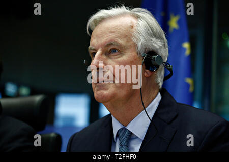 Brüssel, Belgien. 2. April 2019. Europäische Union Chief Brexit Verhandlungsführer Michel Barnier wendet das Europäische Parlament Ausschuss für Auswärtige Angelegenheiten. Alexandros Michailidis/Alamy leben Nachrichten Stockfoto