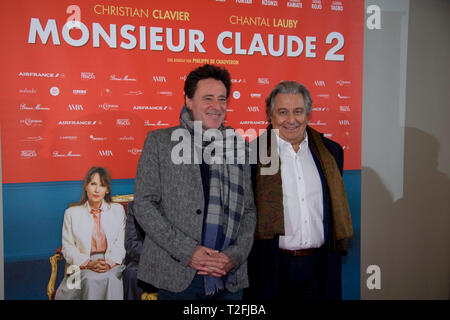 Essen, Deutschland. 01 Apr, 2019. Von links: Philippe de CHAUVERON, FRA, Direktor, Christian Clavier, FRA, Schauspieler, auf dem roten Teppich Red Carpet Show, Film Premiere, AûMonsieur Claude 2, Au in der Essener Lichtburg in Essen, 01.04.2019. € | Nutzung der weltweiten Kredit: dpa/Alamy leben Nachrichten Stockfoto