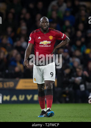 Wolverhampton, Großbritannien. 02 Apr, 2019. Romelu Lukaku von Manchester United in der Premier League Match zwischen Wolverhampton Wanderers und Manchester United an Molineux, Wolverhampton, England am 2. April 2019. Foto von Andy Rowland. Credit: Andrew Rowland/Alamy leben Nachrichten Stockfoto