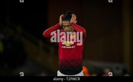 Wolverhampton, Großbritannien. 02 Apr, 2019. Chris Smalling von Manchester United in der Premier League Match zwischen Wolverhampton Wanderers und Manchester United an Molineux, Wolverhampton, England am 2. April 2019. Foto von Andy Rowland. Credit: Andrew Rowland/Alamy leben Nachrichten Stockfoto