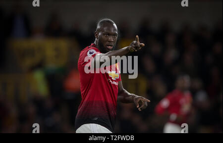 Wolverhampton, Großbritannien. 02 Apr, 2019. Romelu Lukaku von Manchester United in der Premier League Match zwischen Wolverhampton Wanderers und Manchester United an Molineux, Wolverhampton, England am 2. April 2019. Foto von Andy Rowland. Credit: Andrew Rowland/Alamy leben Nachrichten Stockfoto