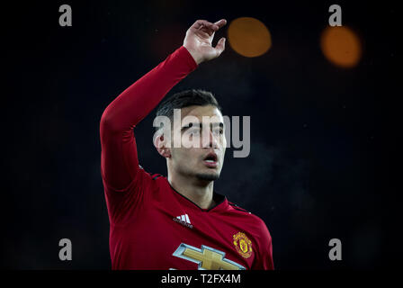 Wolverhampton, Großbritannien. 02 Apr, 2019. Andreas Pereira von Manchester United in der Premier League Match zwischen Wolverhampton Wanderers und Manchester United an Molineux, Wolverhampton, England am 2. April 2019. Foto von Andy Rowland. Credit: Andrew Rowland/Alamy leben Nachrichten Stockfoto