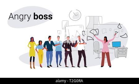 Unzufrieden Frau boss werfen Papier Dokumente schreiend auf frustrierte Arbeitnehmer schlechter Job Konzept verärgert Arbeitgeber schreien Mitarbeiter arbeiten in Stock Vektor