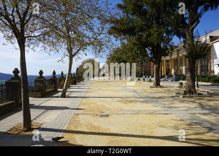 Alameda del Tajo und Teatro Vicente Espinel in Ronda Spanien in der Nähe der Neuen Brücke 98 Meter hoch über dem Guadalevín Schlucht Tajo de Ronda. Stockfoto