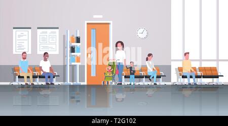 Mix rennen Patienten Warten in Warteschlange Kabinett Beratung und Diagnose healthcare Konzept medizinische Klinik Flur innere horizontale fl zu Arzt Stock Vektor
