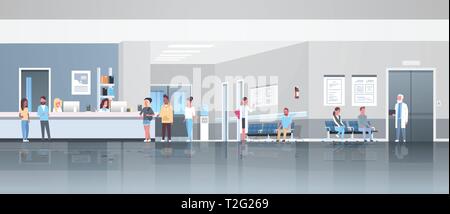 Mix rennen Patienten stehen die Warteschlange am Krankenhaus Rezeption Wartehalle ärzte Beratung im Gesundheitswesen Konzept medizinische Klinik innere Volle len Stock Vektor