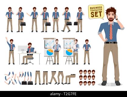 Geschäftsmann vektor Character Creation eingestellt. Männliche business Zeichentrickfigur holding Handy und im Gespräch mit unterschiedlichen Posen und Geste Stock Vektor