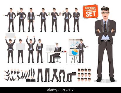 Männliche business Charakter Vektor einrichten. Cartoon Charakter Erstellung von Business Mann stand und sprechen für business presentation tragen Büro Kleidung Stock Vektor