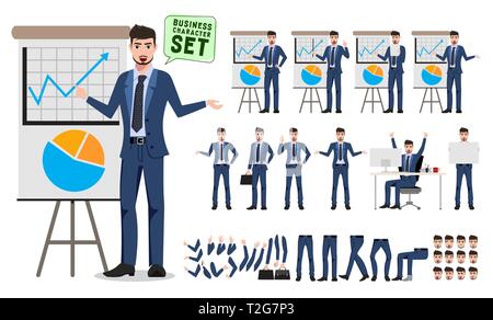 Männliche Figur für business presentation Vektor einrichten. Business mann Cartoon Character Creation mit unterschiedlichen Posen zeigen. Vektor Stock Vektor