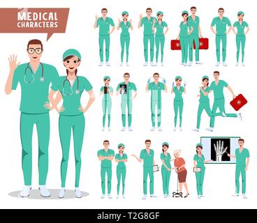 Medizinische Chirurg vektor Zeichensatz. Arzt und Krankenhaus Arbeitnehmer mit verschiedenen Posen Holding medizinische Werkzeuge für die Präsentation. Vektor Stock Vektor