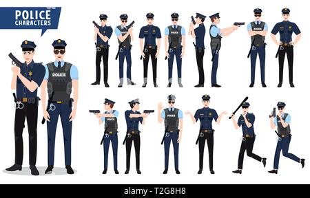 Polizei vektor Zeichensatz. Polizist Zeichen holding Gun in verschiedenen Körperhaltung und Gesten der Hand mit Shooting posieren in Weiß isoliert. Vektor Stock Vektor
