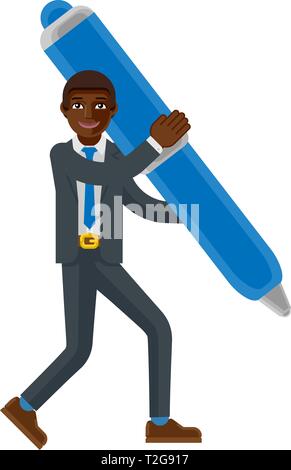 Black Business Man Holding Pen Mascot Konzept Stock Vektor