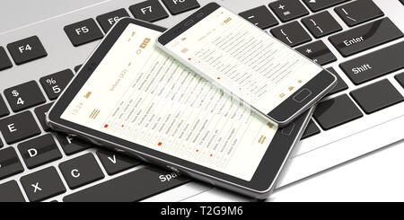 E-Mail und elektronische Geräte. E-Mail Listen auf Smartphone und Tablet Bildschirme, Computer Tastatur Hintergrund, Banner. 3D-Darstellung Stockfoto
