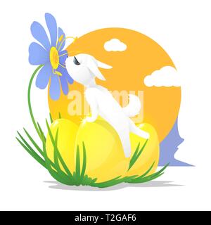 Cute white cartoon Hase ist Erreichen für eine blaue Blume auf gegen die Sonne auch gibt es drei goldene Eier liegen auf dem Gras. Stock Vektor