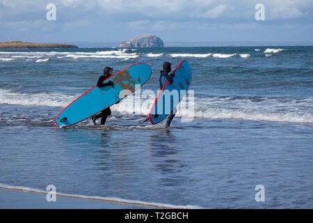 Surfer an Belhaven Bay, Dunbar, Schottland, Großbritannien, Europa Stockfoto