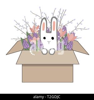 Blumenstrauß aus der Feder doodle Hyazinthen und Tulpen Blumen in Karton mit einem süßen Häschen auf weißem Hintergrund. Vector Illustration. Stock Vektor