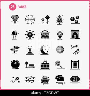 Parks solide Glyphe Icons Set für Infografiken, Mobile UX/UI-Kit und Print Design. Gehören: Schlagzeug, Instrumente, Musik, Karte, Lage, Park, Parkplatz, Worl Stock Vektor