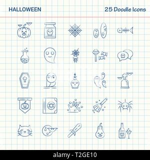 Halloween 25 Doodle Symbole. Hand gezeichnet Business Icon Set Stock Vektor